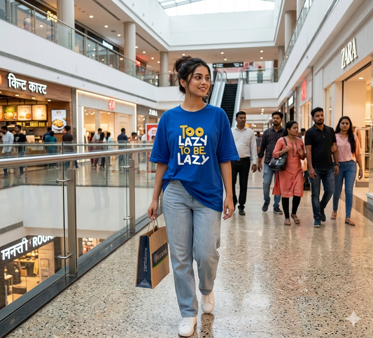 Blue oversized women's T-shirt by IndiKartNest, featuring a loose fit and trendy casual style, shown on a model.
