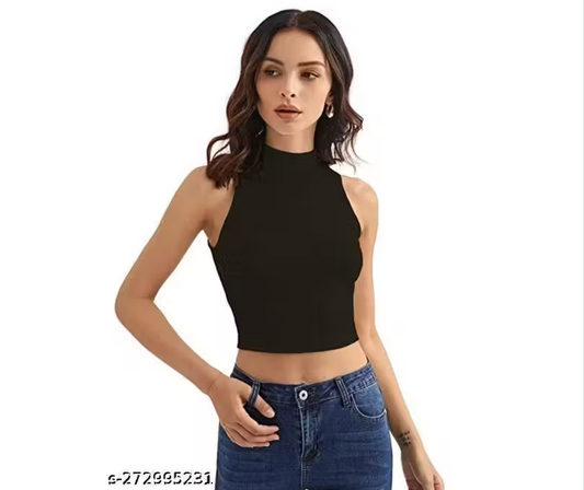 Women’s High Neck Cotton Black Crop Top Tank Top