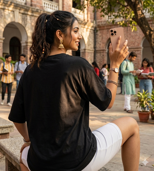 Black oversized baggy women's t-shirt by IndiKartNest, featuring a relaxed fit and comfortable style.