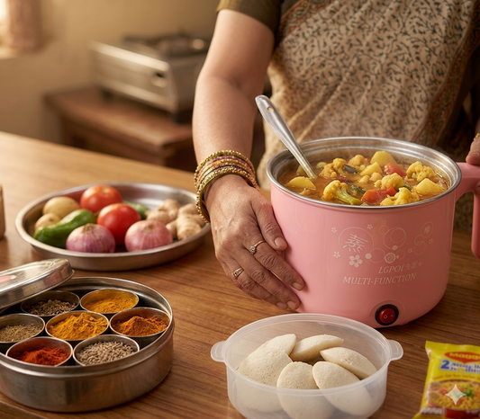 Electric multi cooker with steamer from IndiKartNest, showing a modern appliance with digital controls and steaming tray.