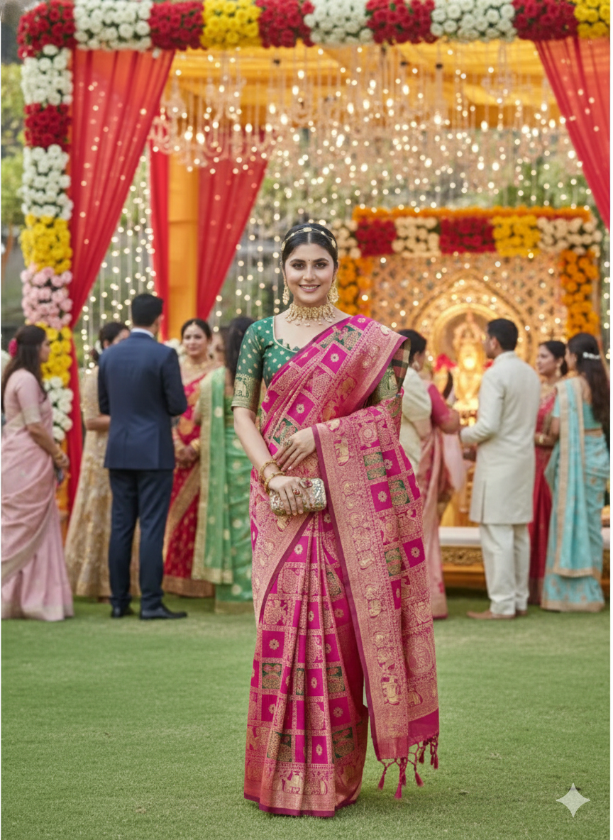 Cotton silk jacquard saree with intricate patterns and unstitched blouse, displayed on a mannequin.