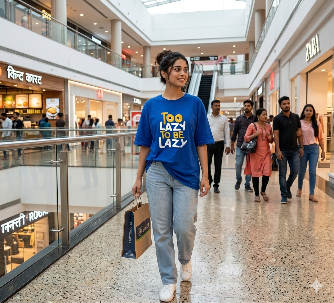 Blue oversized women's T-shirt by IndiKartNest, featuring a loose fit and trendy casual style, shown on a model.