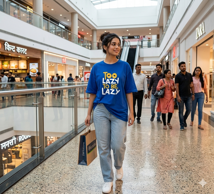 Blue oversized women's T-shirt by IndiKartNest, featuring a loose fit and trendy casual style, shown on a model.