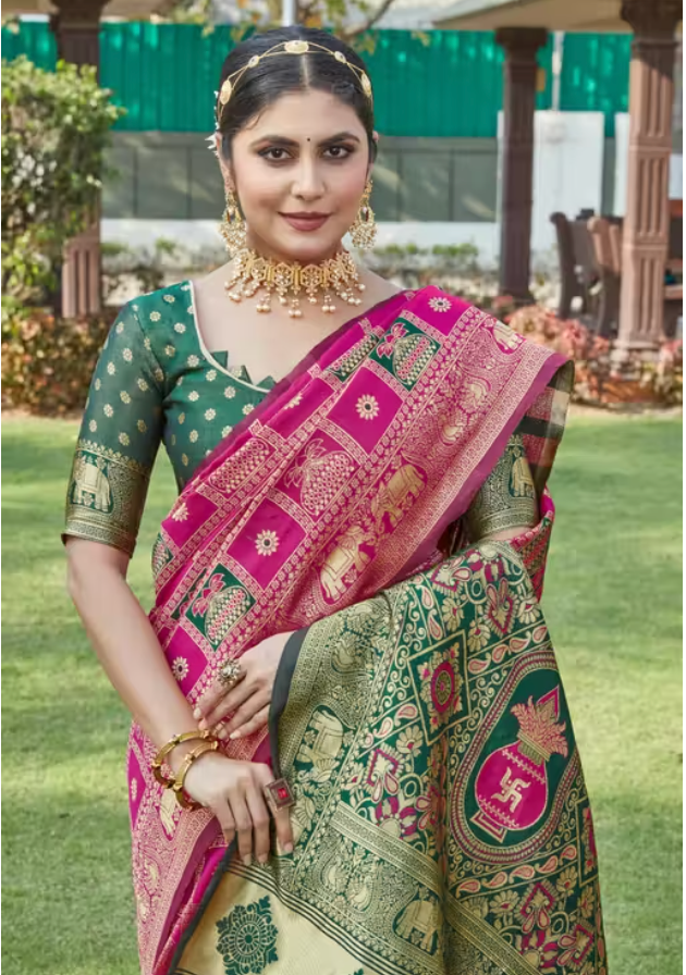 Cotton silk jacquard saree with intricate pattern and unstitched blouse, designed by IndiKartNest.