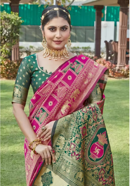 Cotton silk jacquard saree with intricate pattern and unstitched blouse, designed by IndiKartNest.