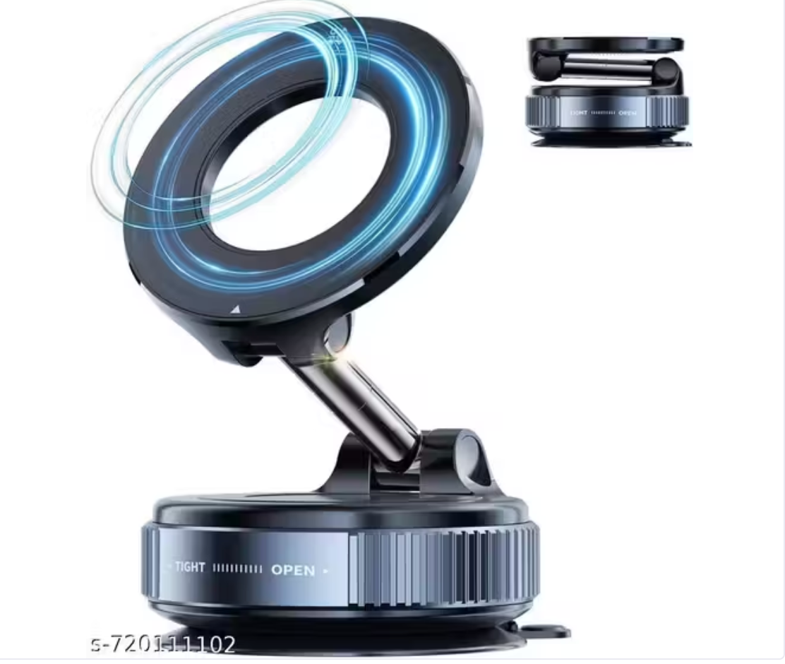 Magnetic car phone holder by IndiKartNest attached to a vehicle dashboard with a smartphone securely held in place.