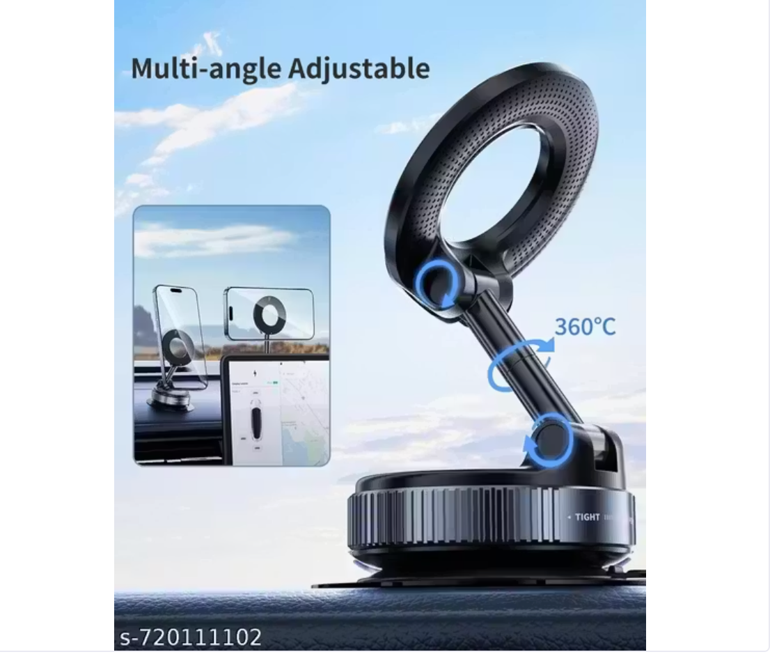 Magnetic car phone holder by IndiKartNest attached to a car dashboard, holding a smartphone securely for easy access and visibility.