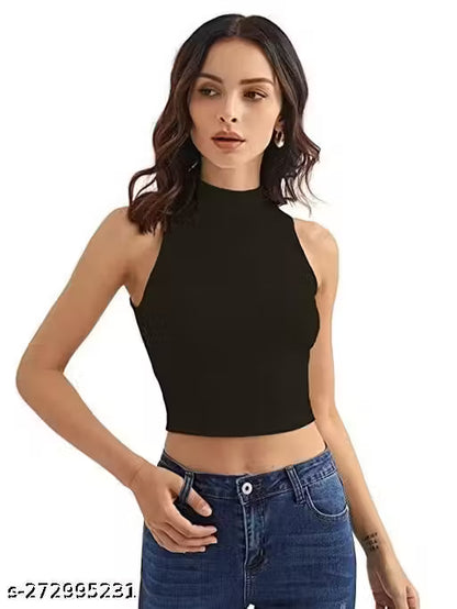 Women's pure cotton high neck crop top from IndiKartNest, showing the fitted style and soft fabric in a neutral color.